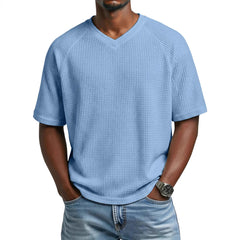 S-4XL Waffled Knit Short Sleeve V-Neck Tee