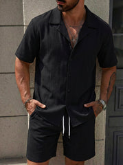 S-3XL Men's Solid Color Casual Short Sleeve Shirt Shorts Set-Beach Two-Piece Set