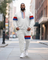 Big & Tall Men's Red And Blue Striped Contrast Printed POLO Collar Zipper Long Sleeve Pants Two-piece Set