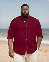 Big & Tall Men's Daily Solid Color Bamboo Hemp Texture Stand Collar Long Sleeve Shirt