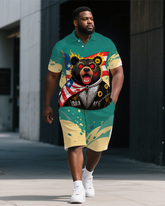Big Men's Animal Theme USA Soldier Bear Cartoon Printed Short-Sleeve Polo Shirt & Shorts Set