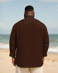 Big & Tall Men's Daily Solid Color Bamboo Hemp Texture Stand Collar Long Sleeve Shirt