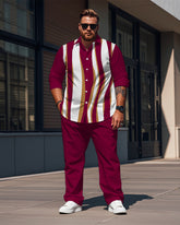 Men's Plus Size Rose Red Color Block Wave Stripe Print Long Sleeve Shirt Trousers Suit