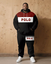 Big & Tall Men Fall/Winter Casual Black & Red & White Contrast Patchwork Letters Casual Printed Hoodie Suit