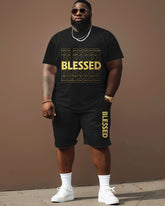 Men's Plus Size Gold Letters Blessed Print Short Sleeve T-Shirt Shorts Suit