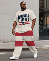 Big Men's Outdoor America First Splicing Stripes Style Casual Short Sleeve T-shirt Pants Suit