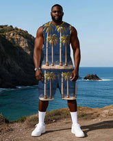 Big Men's Hawaiian Abstract Coconut Trees Printed Vest and Shorts Set