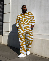 Big Men's Classic Geometric Yellow Branch Printed Casual Long Sleeve Shirt Pants Set
