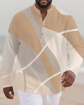 Big & Tall Men's Geometric Colorblock Print Bamboo Hemp Texture Henry Collar Long Sleeve Shirt