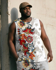 Big & Tall Men's White Vintage Floral Print Tank Shorts Suit