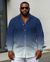 Men's Plus Size Business Blue & White Gradient Print Long Sleeve Shirt