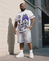 Big & Tall Men's Street Fashion Skull DAY Graffiti Print Crewneck T-Shirt Shorts Suit