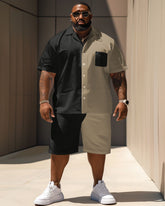 Men's Plus Size Simple Casual Color-block Printed Pocket Shirt Shorts Set