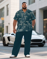 Men's Plus Size Green Business Irregular Linear Short Sleeve Shirt Pants Suit