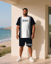 Big & Tall Men Dark Blue & White Chest King Slogan Print Round Neck Short Sleeve T-Shirt Shorts Suit