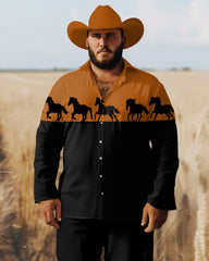 Vintage Pattern Horse Lapel Long Sleeve Shirt Men's Big and Tall
