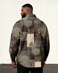 Big & Tall Men's Vintage Brown Geometric Floral Print Long Sleeve Shirt