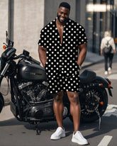 Big Man's Street Motorcycle Style White Small Dot Black Short Sleeve Shirt Shorts Suit