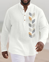 Big & Tall Men's Geometric Leaf Print Bamboo Hemp Texture Henley Collar Long Sleeve Shirt