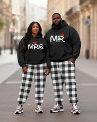 Big & Tall Couples MR & MRS Love Logo Black Plaid Printed Hoodie Set