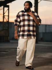 Big & Tall Men's Business Brown Plaid Print Long Sleeve Shirt Trousers Suit