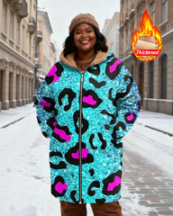Women's Blue Powder Leopard Sequin Print Velvet Thickened Long Hooded Coat