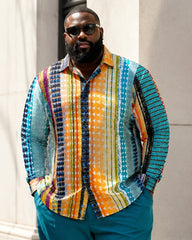 Big & Tall Men's Vintage Rainbow Vertical Strip Geometric Print Long Sleeve Shirt Pants Set