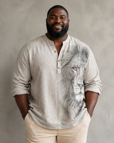 Big & Tall Men's Half Lion Sketch Art Print Collar Long Sleeve Shirt