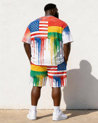 Big & Tall Men's Reggae Color Drip American Flag Printed Round Neck Short Sleeve T-Shirt Shorts Set