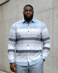 Big & Tall Men's Blue, Gray And White Horizontal Stripes Stitching Printed Long Sleeve Shirt And Trousers Set