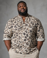 Big & Tall Men's Vintage Camouflage Leopard Print Stand Collar Long Sleeve Shirt