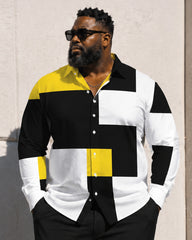 Big & Tall Men's Yellow Black And White Square Print Long Sleeve Shirt Pants Set