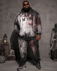 Big & Tall Men's Distressed Bloodstain “I'M FINE” Letter Print Hoodie Set