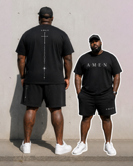 Big & Tall Men's Faith AMEN Vertical Line Cross Simple Printed Crewneck Short Sleeve T-Shirt Shorts Set
