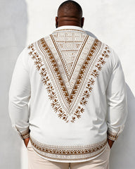 Big & Tall Men's Brown African Ethnic Geometric Print Long Sleeve Shirt