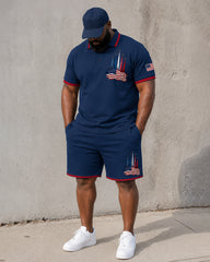 Big & Tall Men's Flag Rocket Print POLO Short Sleeve Shorts Set