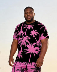 Big & Tall Men's Black Pink Contrast Coconut Print Round Neck Short Sleeve T-Shirt Shorts Set