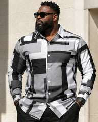 Big & Tall Men's Black And White Gray Irregular Block Printed Long Sleeve Shirt Trousers Set