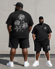 Big & Tall Men's Black And White Sketch Rose Cross Front And Back Printed Round Neck Short Sleeve T-Shirt Shorts Set