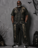 Big & Tall Men's Dark Green Crow Skull Castle Vest Printed T-shirt Pants Set