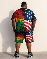 Big & Tall Men's Reggae Color African Totem American Flag Print Round Neck Short Sleeve T-Shirt Shorts Set