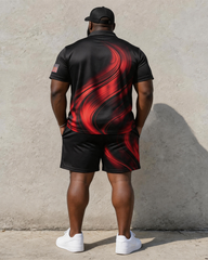 Big & Tall Men's Black And Red Gradient Fluid Pattern Cross Printed POLO Short Sleeve Shorts Set