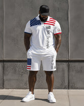 Big & Tall Men's Stars And Stripes Patchwork Printed POLO Short Sleeve Shorts Set
