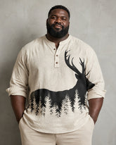 Big & Tall Men's Elk Forest Silhouette Print Long Sleeve Shirt With Vertical Collar