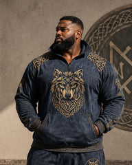 Big & Tall Men's Viking Wolf Head Rune Print Half Zip Sweat Set
