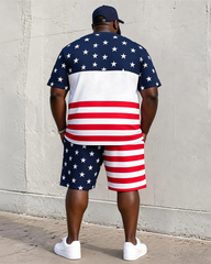Big & Tall Men's USA Letter Stars And Stripes Patchwork Printed Round Neck Short Sleeve T-Shirt Shorts Set