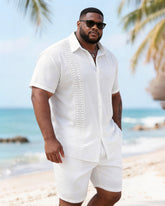 Big & Tall Men's White Exquisite Lace Print Short Sleeve Shirt Shorts Set