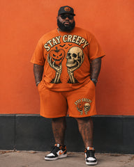 Big & Tall Men's STAY CREEPY Skull Pumpkin Vintage Printed Crewneck Short Sleeve T-Shirt Shorts Set