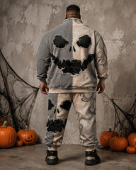 Big & Tall Men's Retro Patchwork Pumpkin Devil Face Print Half-Zip Hoodie Set