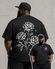 Big & Tall Men's Black And White Sketch Rose Cross Front And Back Printed Round Neck Short Sleeve T-Shirt Shorts Set